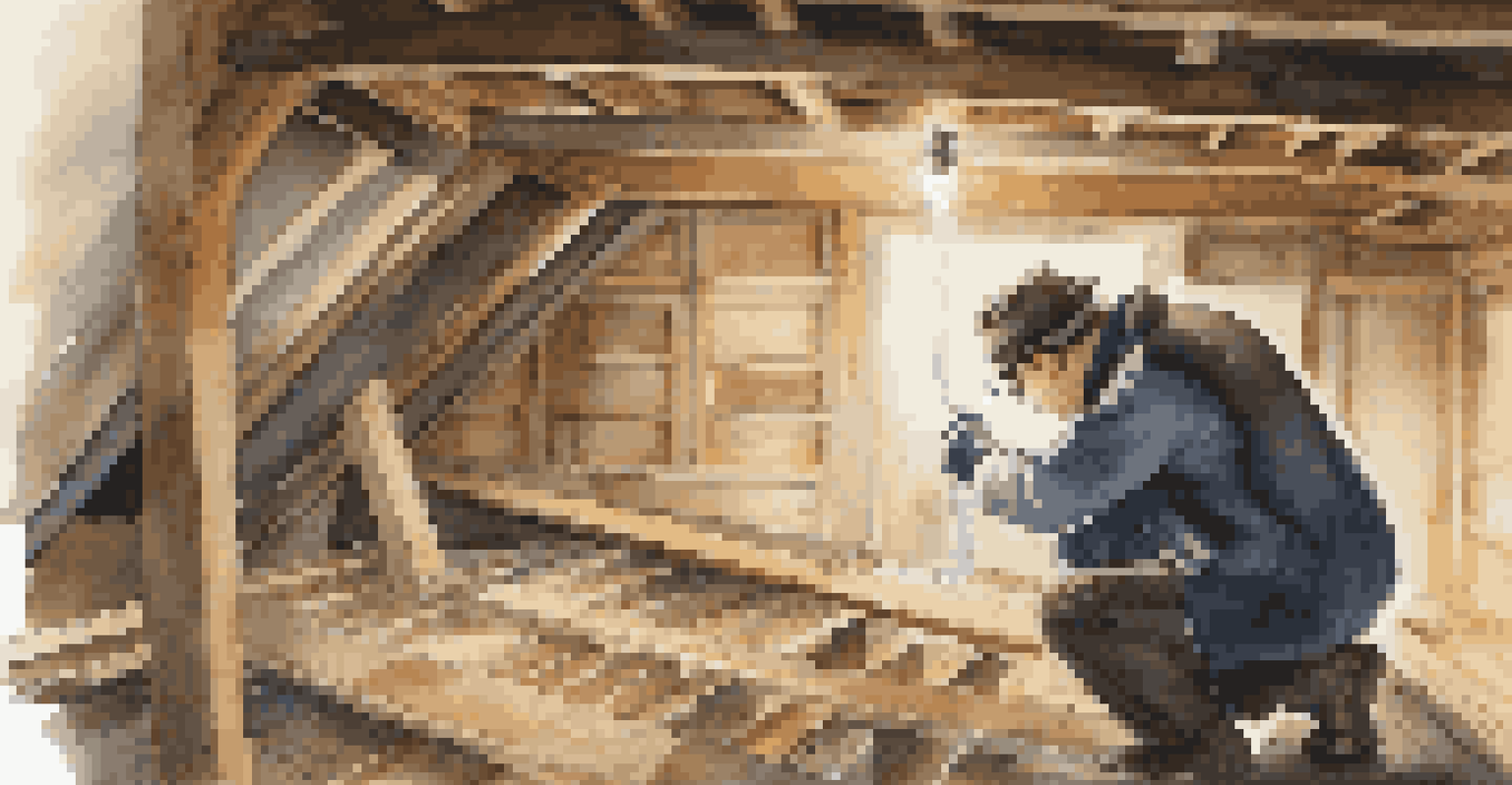 An inspector in an attic using a flashlight to check for moisture damage amidst wooden beams and insulation.