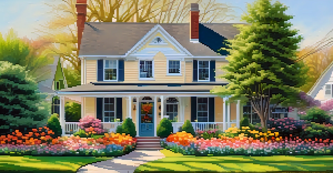 A beautiful suburban home with a colorful flower garden in front, featuring blooming tulips and daffodils under soft sunlight.
