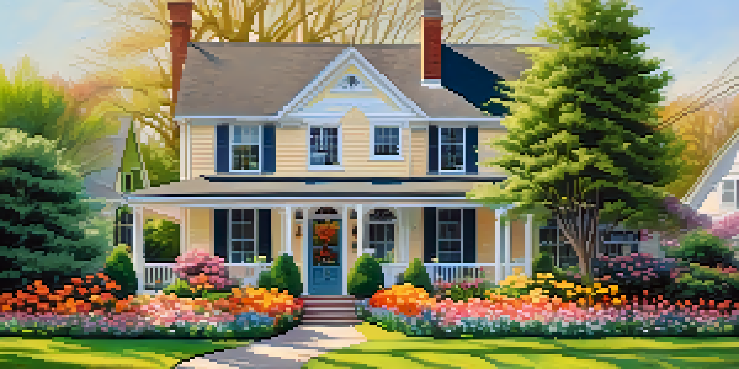 A beautiful suburban home with a colorful flower garden in front, featuring blooming tulips and daffodils under soft sunlight.