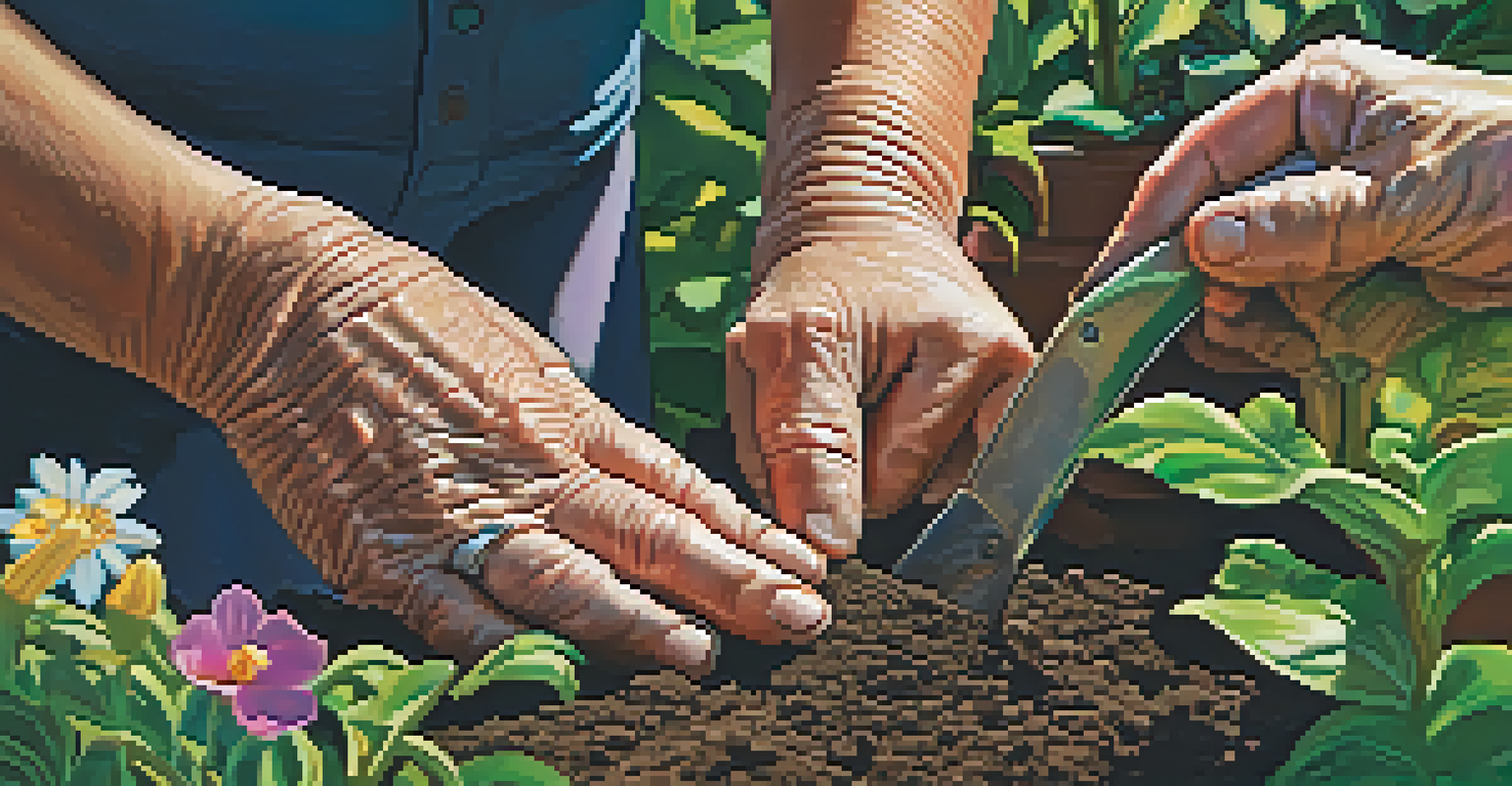Close-up of hands of various ages working in a colorful garden, with a child digging in the soil and an adult pruning a flowering plant.