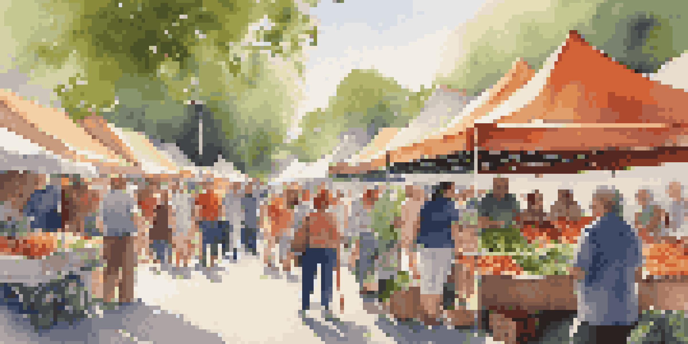 A lively farmers' market with various stalls of fresh produce and flowers, vibrant colors, and people interacting under sunlight.