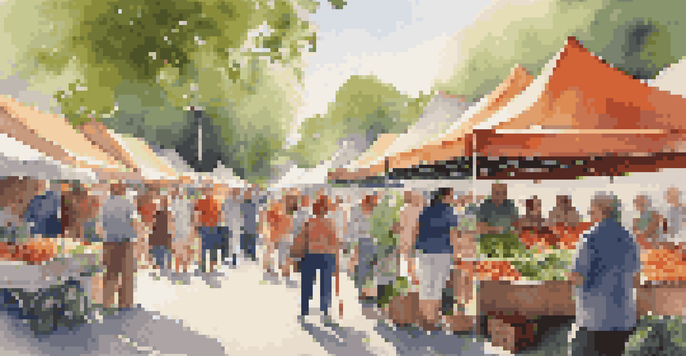 A lively farmers' market with various stalls of fresh produce and flowers, vibrant colors, and people interacting under sunlight.