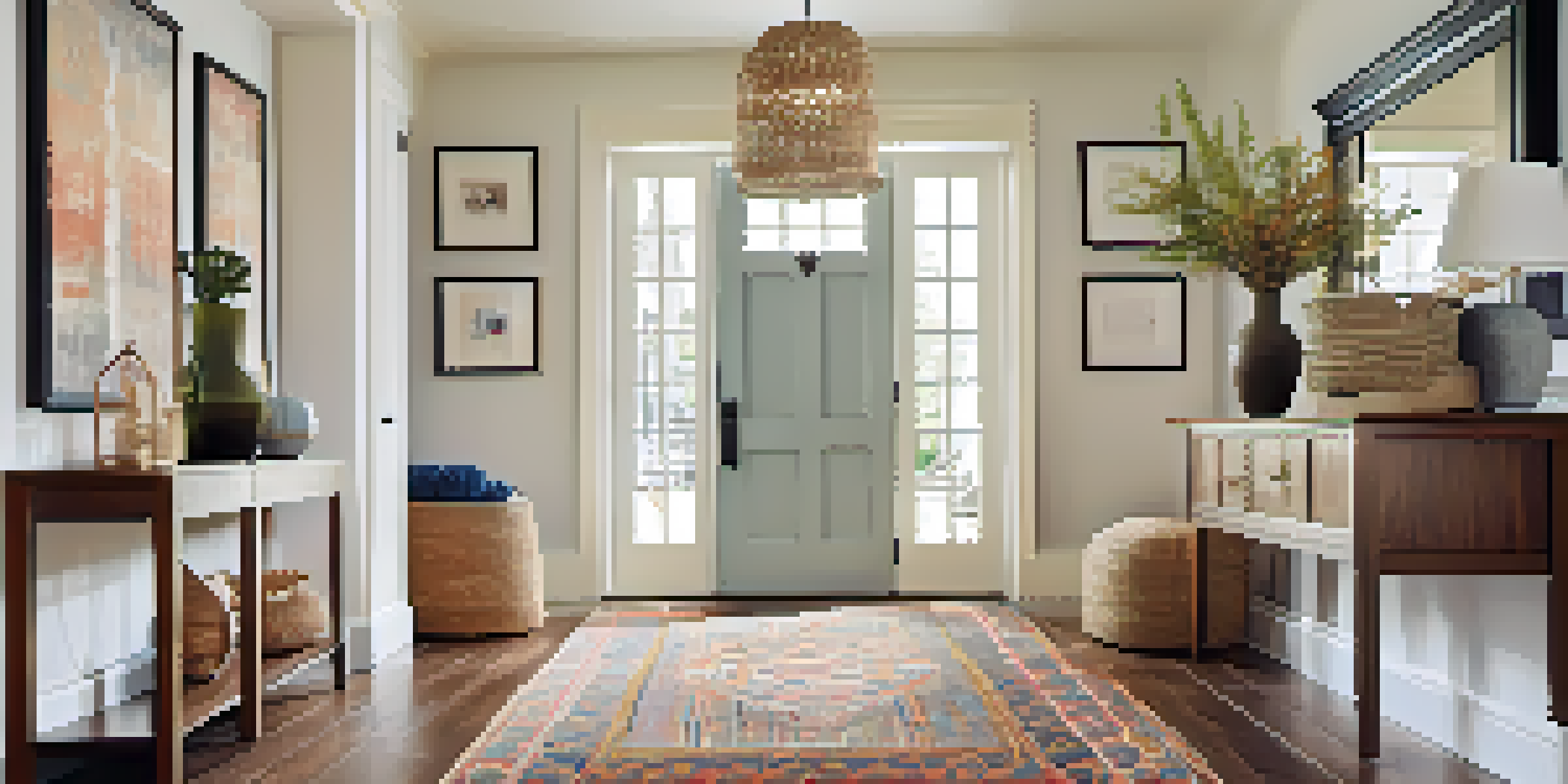 A well-designed entryway with a console table, decorative baskets, a large mirror, warm lighting, and a colorful rug.