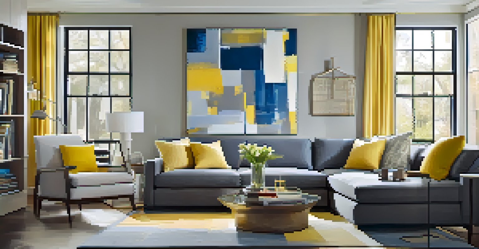 An inviting living room with shades of gray and pops of blue and yellow, featuring a comfortable sofa and natural light from large windows.