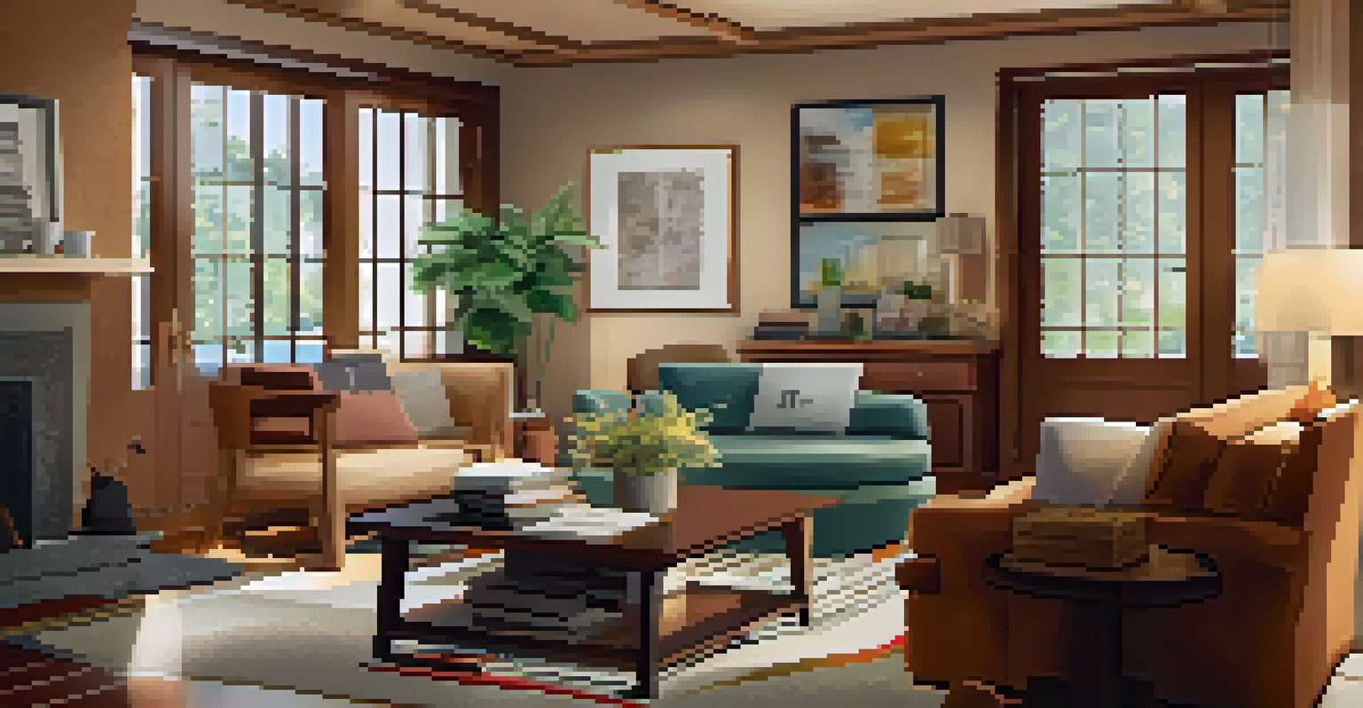 An inviting living room with a sofa, coffee table with tax documents, and a laptop showing tax software in a warm and relaxing atmosphere.