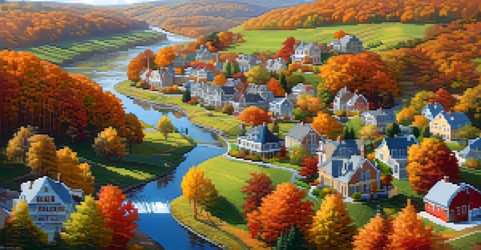 Aerial view of a picturesque small town with charming homes, parks, and vibrant fall colors against a clear blue sky.