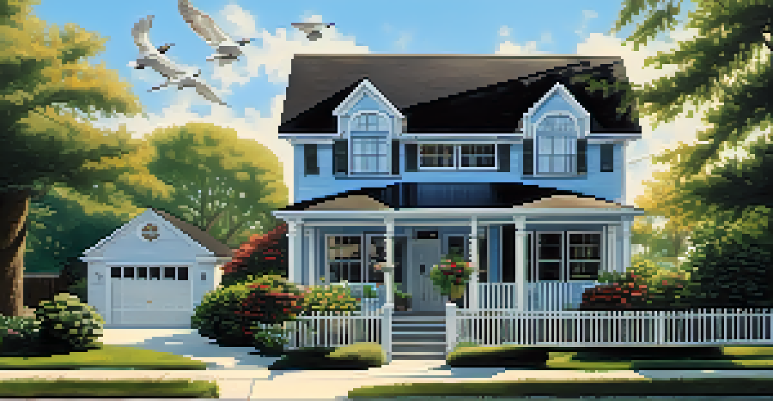 A residential house with a smart security camera, showcasing a garden and driveway under a clear blue sky.