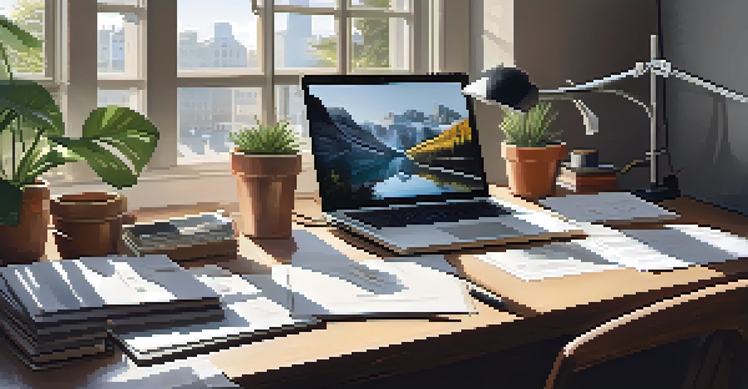 A tidy desk with documents, a laptop, and coffee, illuminated by natural light.