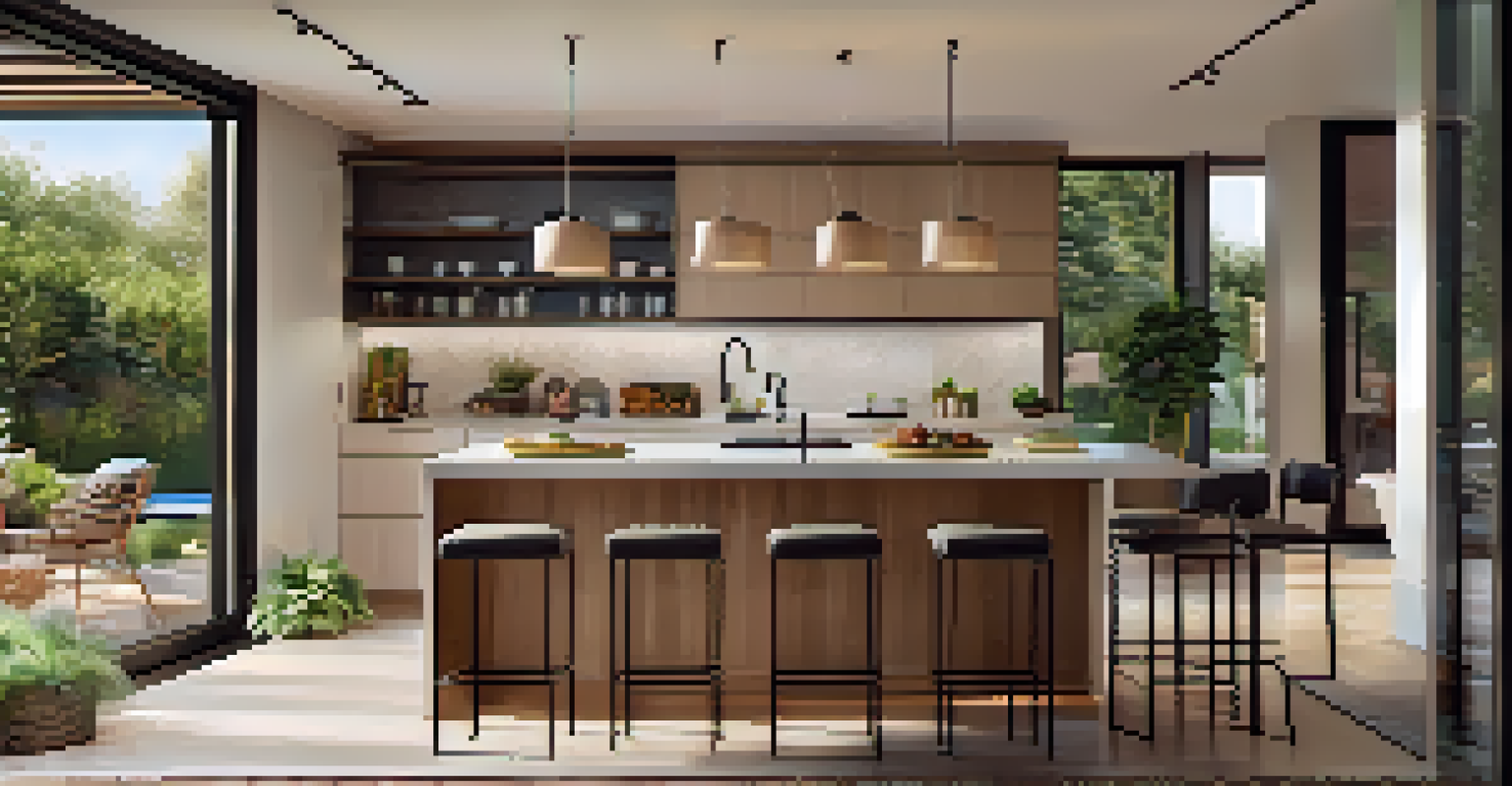 A modern open kitchen with an island, bar stools, and smart home features, leading to a dining area with a view of a garden.
