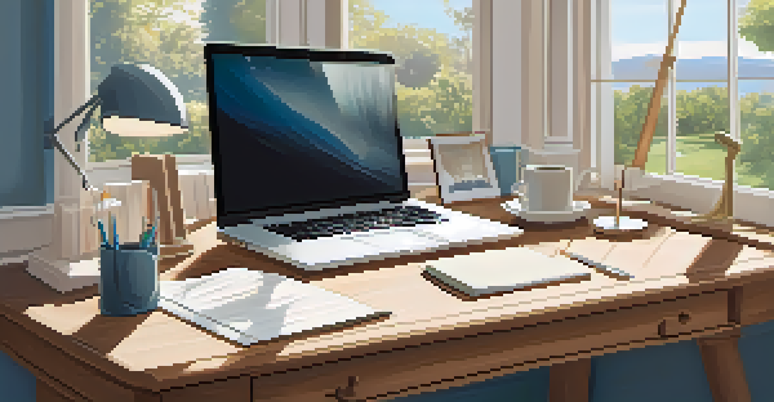 A home office with a desk, laptop, and bookshelves, illuminated by sunlight coming through a window.