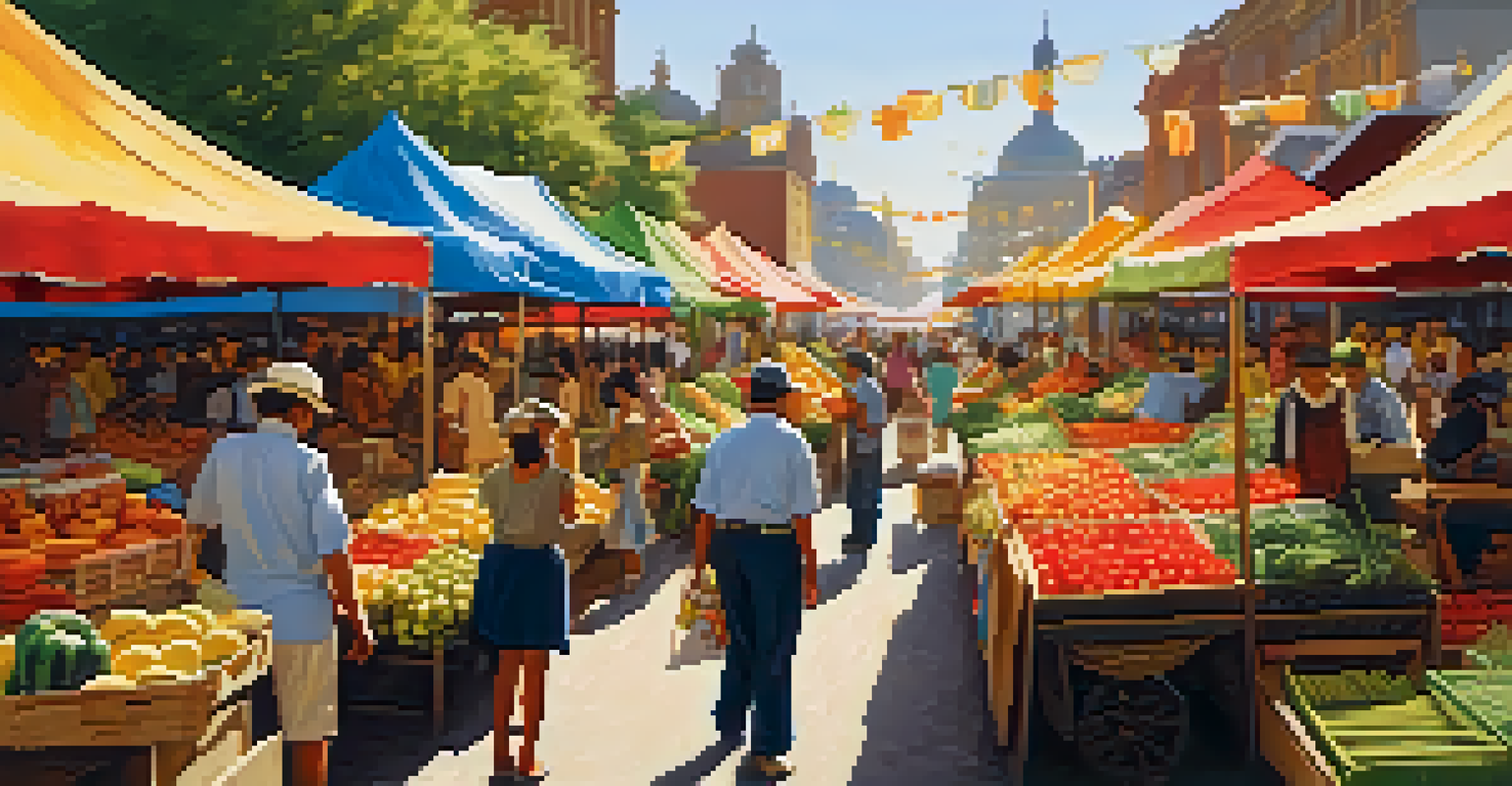 A vibrant outdoor market with colorful stalls, fresh produce, and shoppers interacting with vendors.