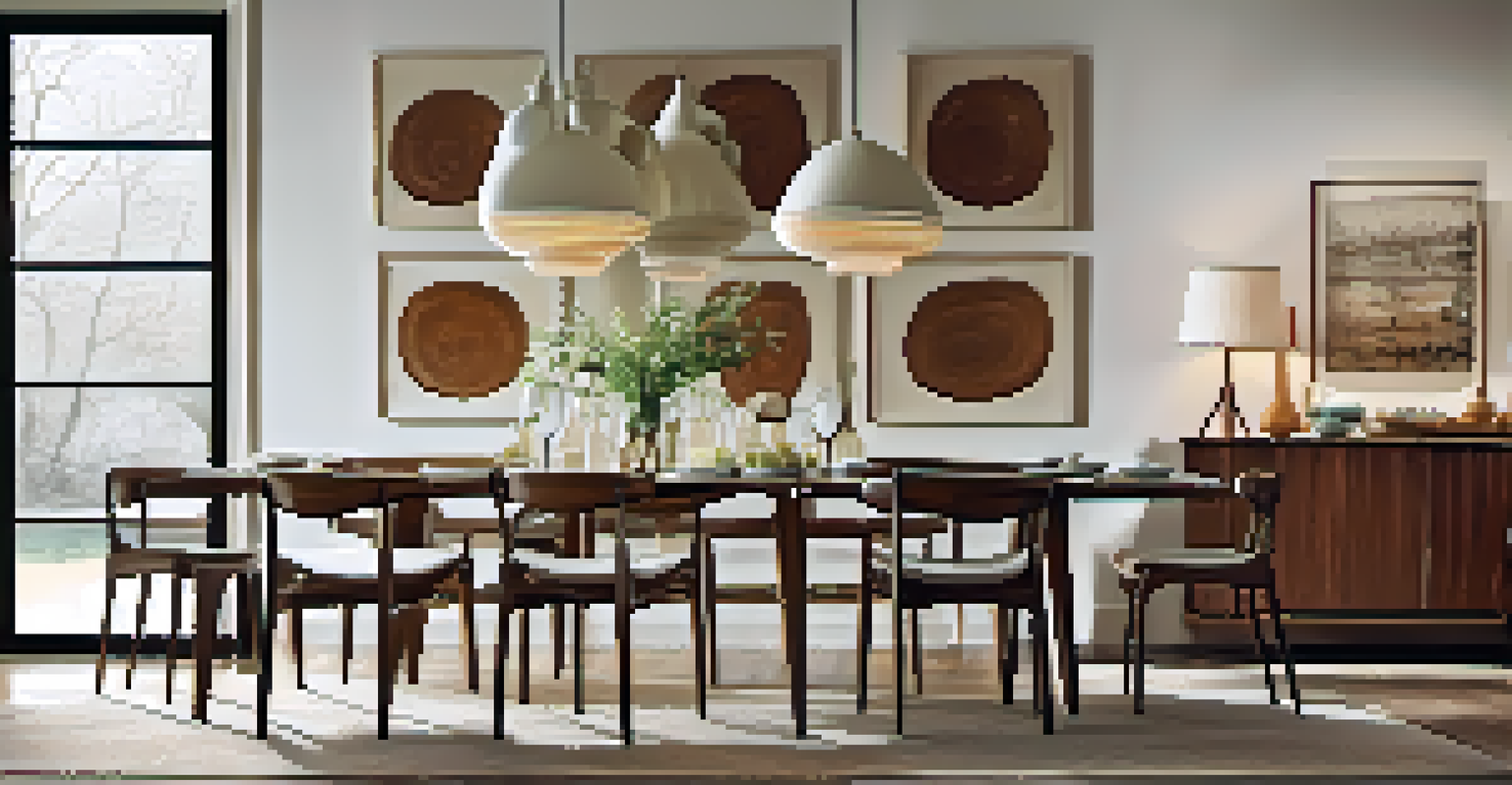 A stylish dining area featuring a wooden table with vintage dishware and modern chairs, illuminated by pendant lights.