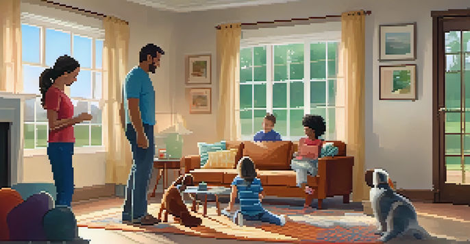 A family practicing a fire drill in a cozy living room, with parents and children moving towards an exit, showcasing safety preparedness.