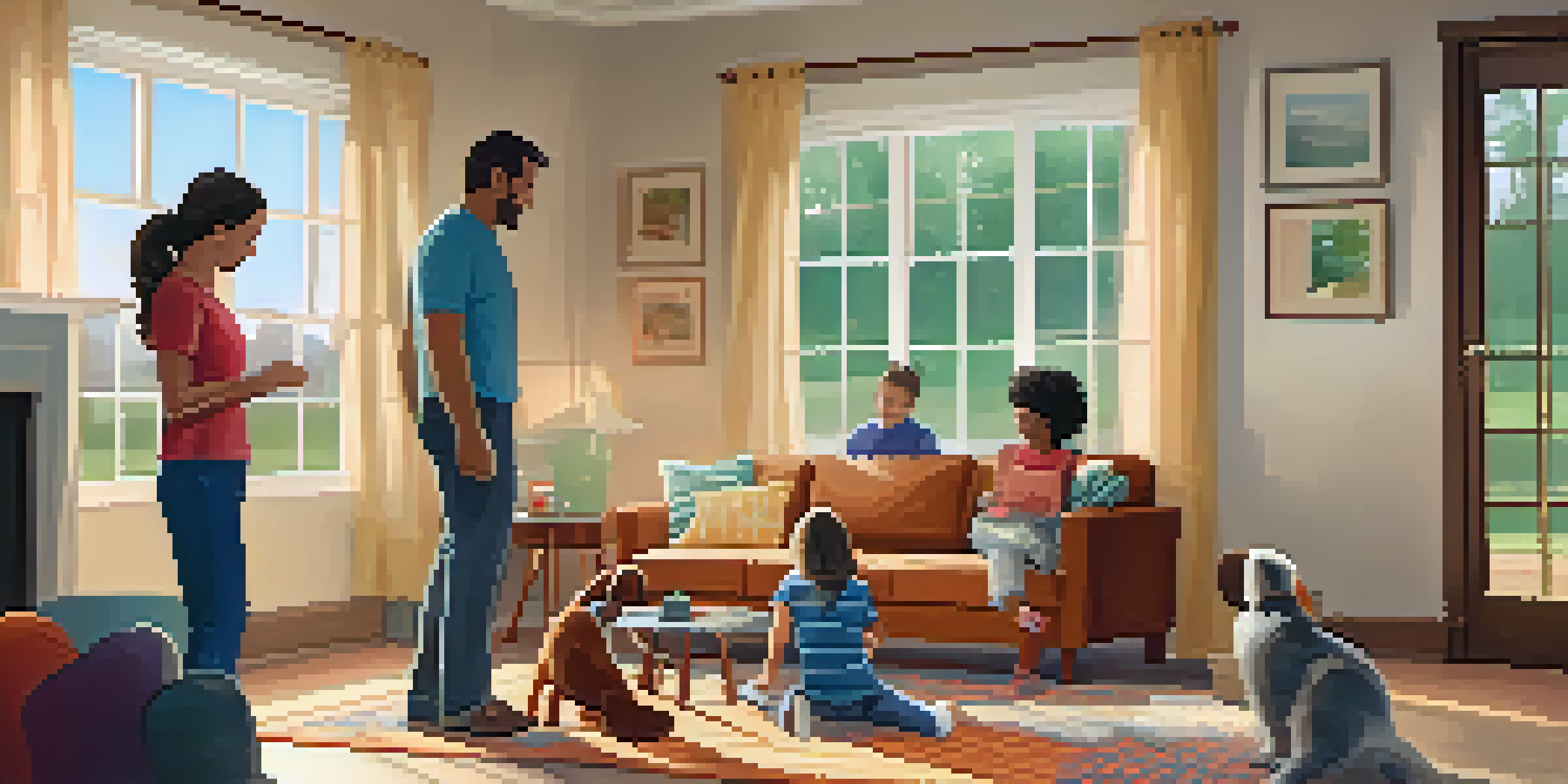 A family practicing a fire drill in a cozy living room, with parents and children moving towards an exit, showcasing safety preparedness.