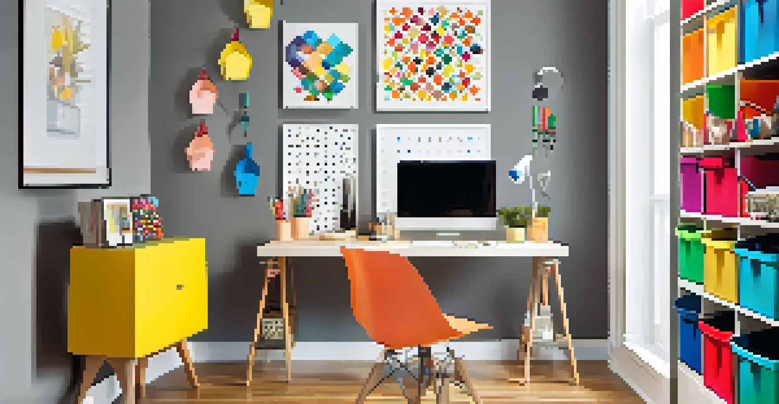 A pegboard with colorful bins for supplies and decorative items in a bright home office.