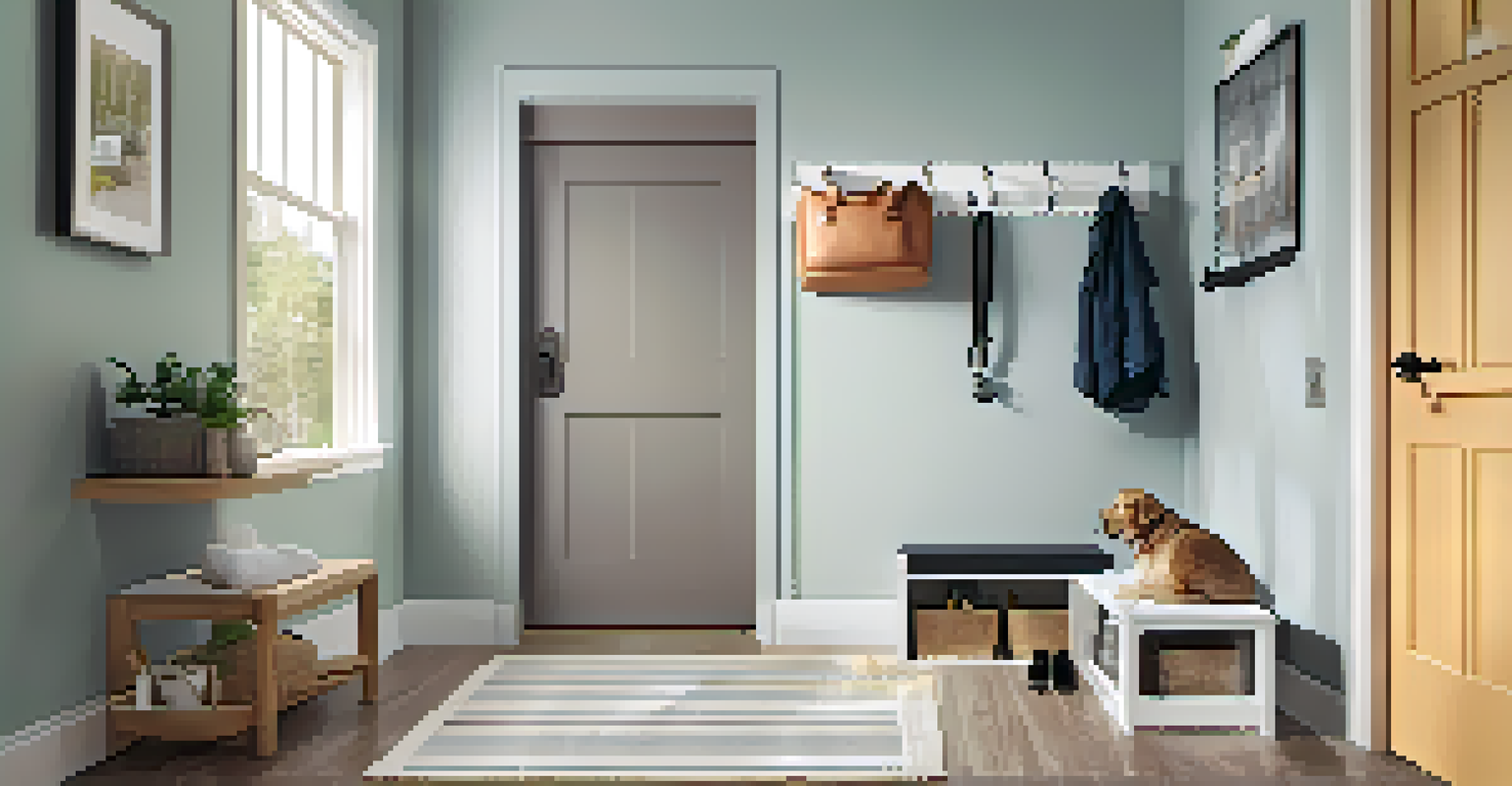 A modern mudroom-style entryway with a bench, water-resistant mat, and organized pet supplies.