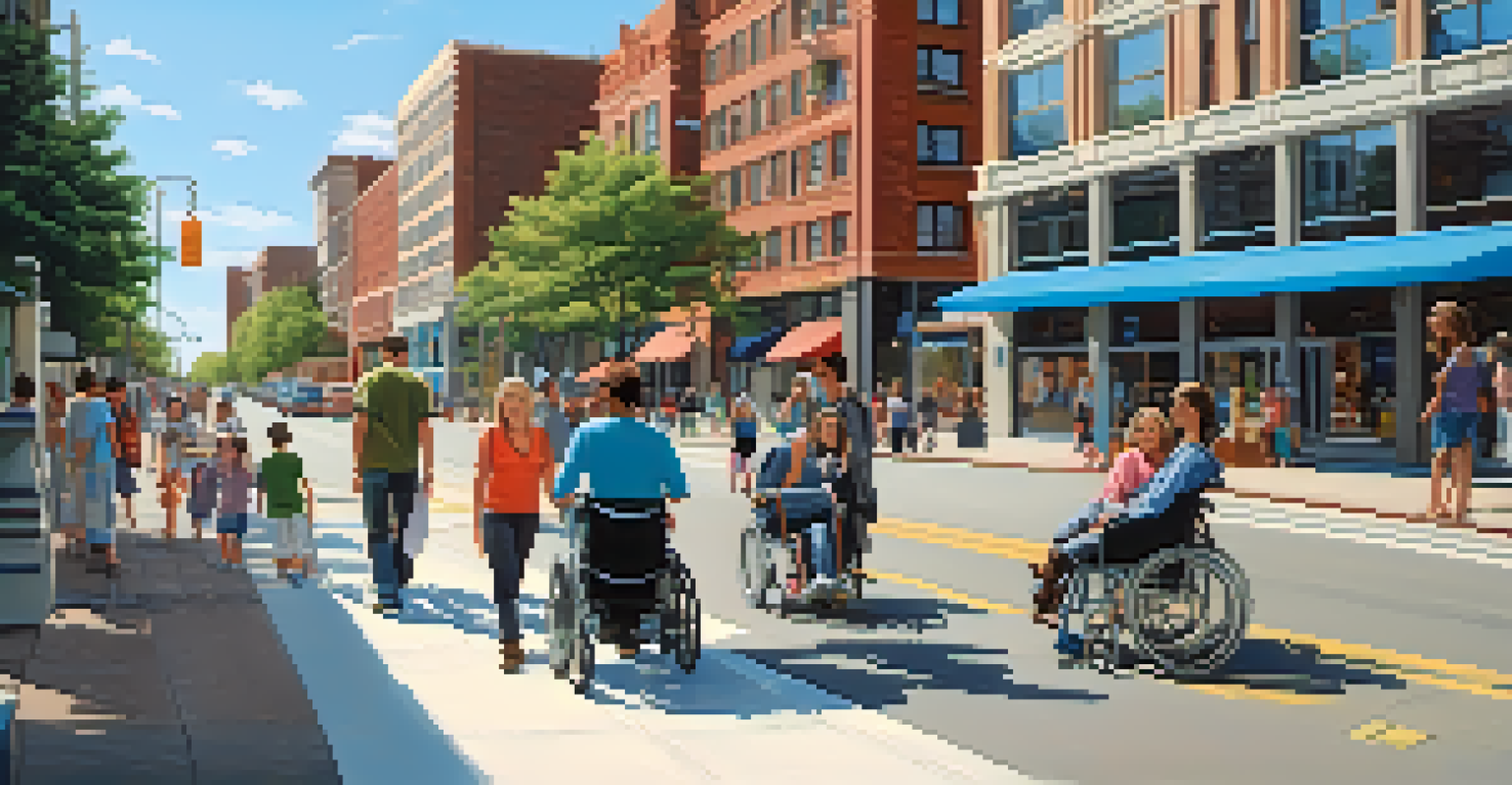 A busy city street with accessible features like curb cuts and wide sidewalks, filled with people of different ages and abilities.