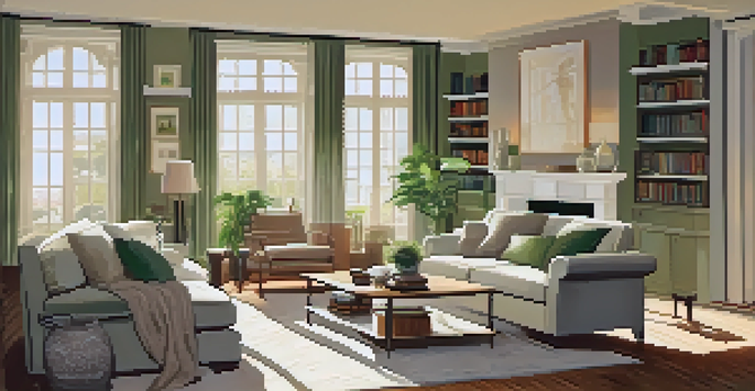 A warm and inviting living room with a sofa, coffee table, and plants, illuminated by sunlight.