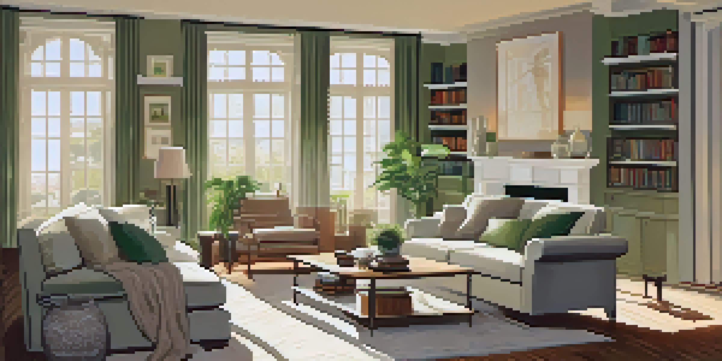 A warm and inviting living room with a sofa, coffee table, and plants, illuminated by sunlight.