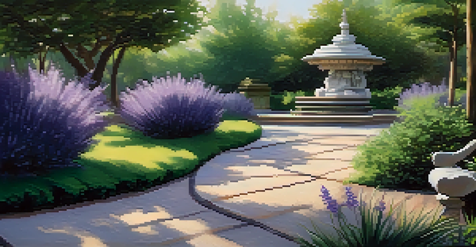 A tranquil meditation garden filled with lavender plants, a winding stone pathway, a wooden bench, and a small fountain, all under soft sunlight.