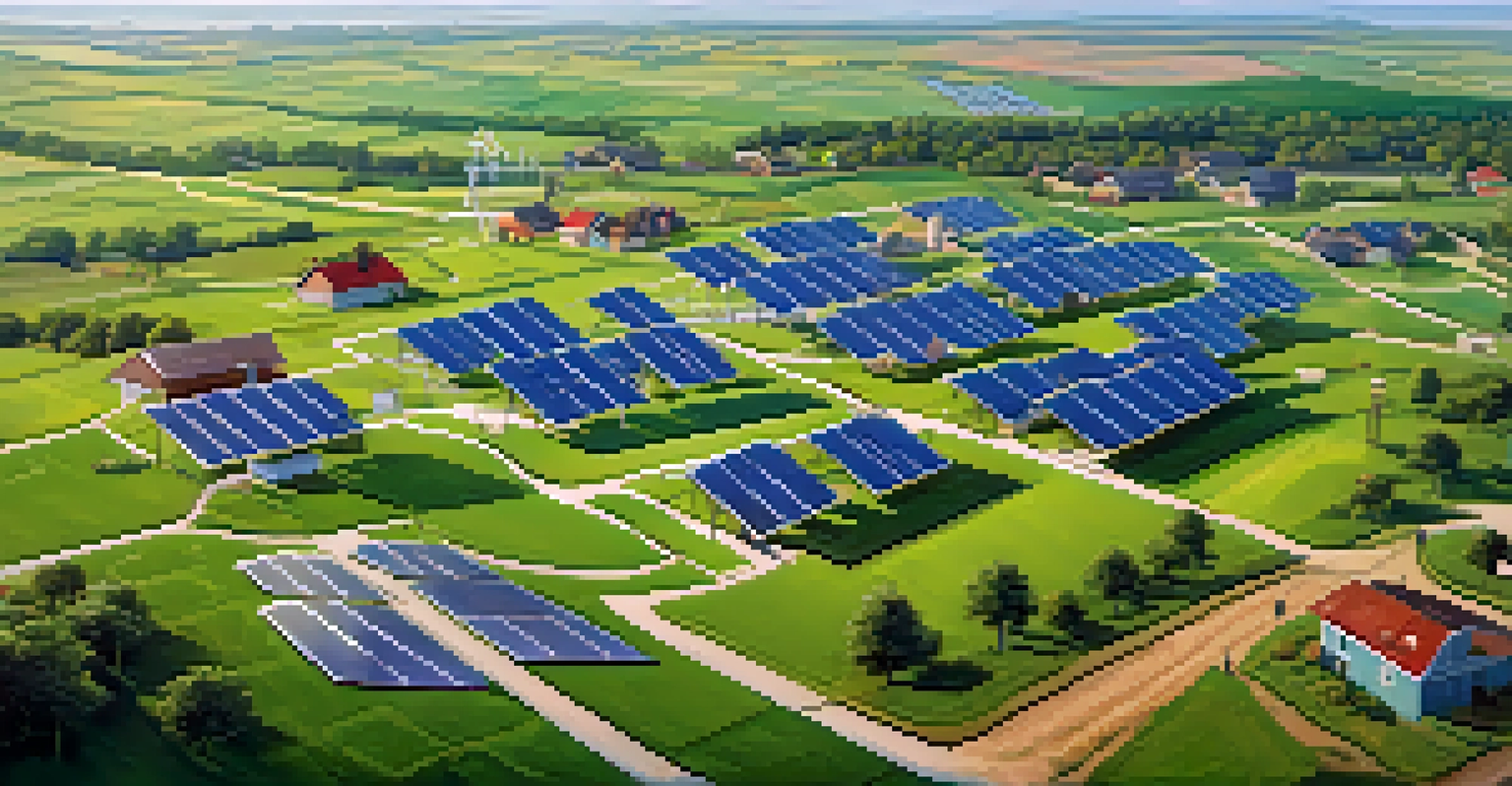 An aerial view of a community with solar panels and wind turbines, showcasing renewable energy integration.