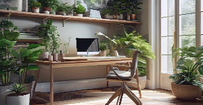 A home office filled with sunlight, plants on shelves, and an indoor fountain, creating a relaxing workspace.