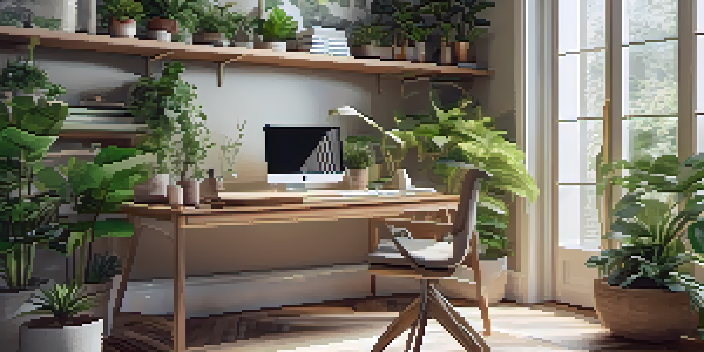 A home office filled with sunlight, plants on shelves, and an indoor fountain, creating a relaxing workspace.