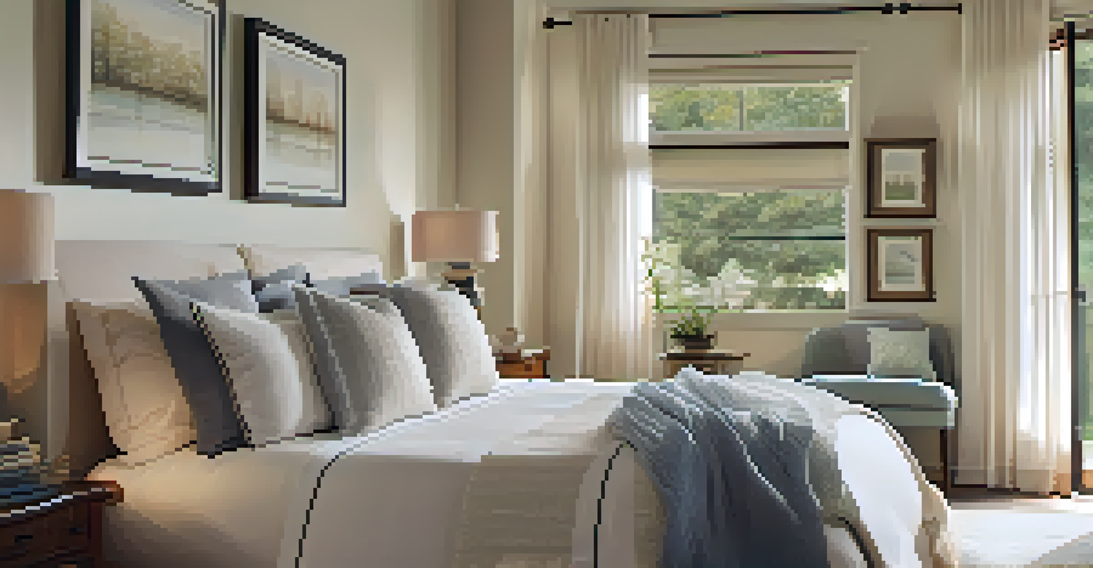 A serene bedroom with a neatly made bed and decorative elements, illuminated by soft morning light, creating a peaceful environment.