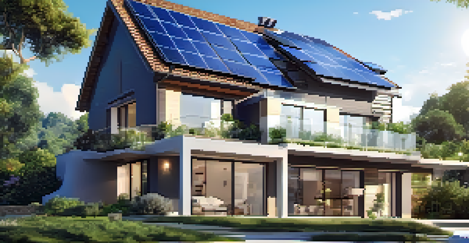 An eco-friendly house with solar panels and a garden, under a clear blue sky, emphasizing sustainability.