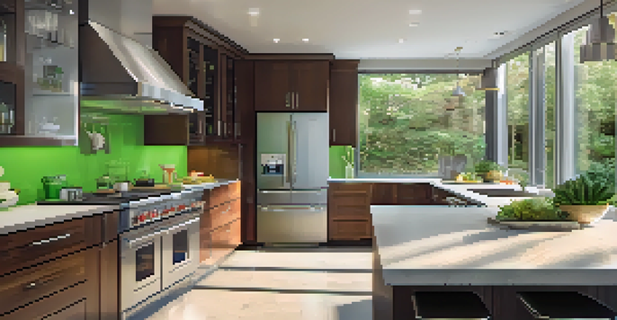 A bright and modern kitchen showcasing Energy Star-rated appliances, including a sleek silver refrigerator and a sparkling dishwasher, with natural light and green plants.