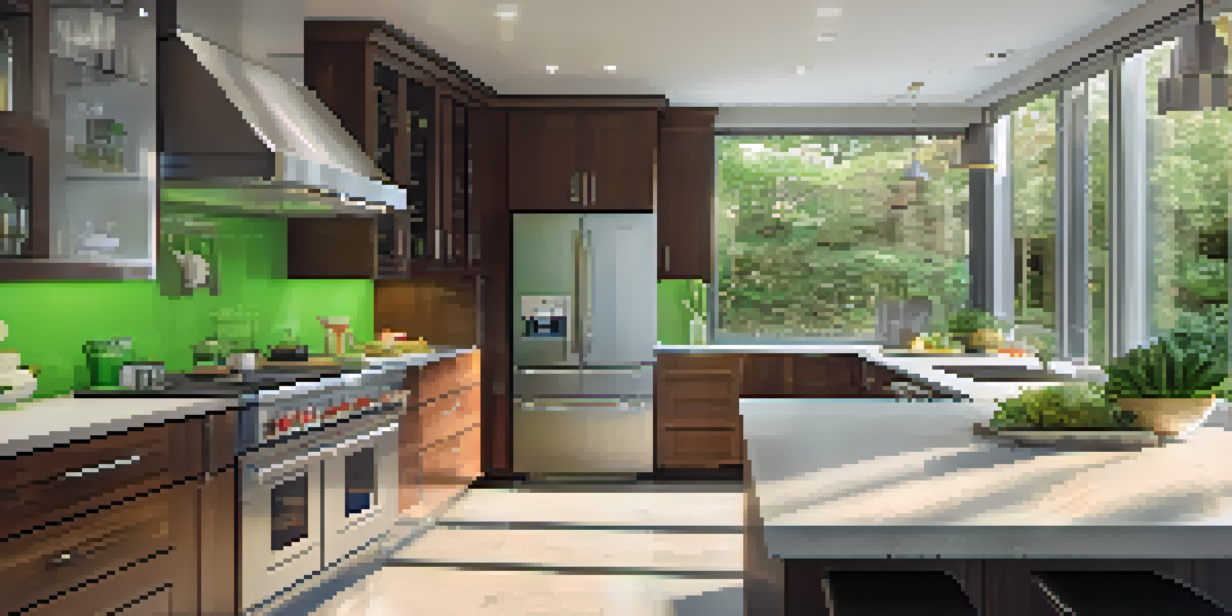 A bright and modern kitchen showcasing Energy Star-rated appliances, including a sleek silver refrigerator and a sparkling dishwasher, with natural light and green plants.