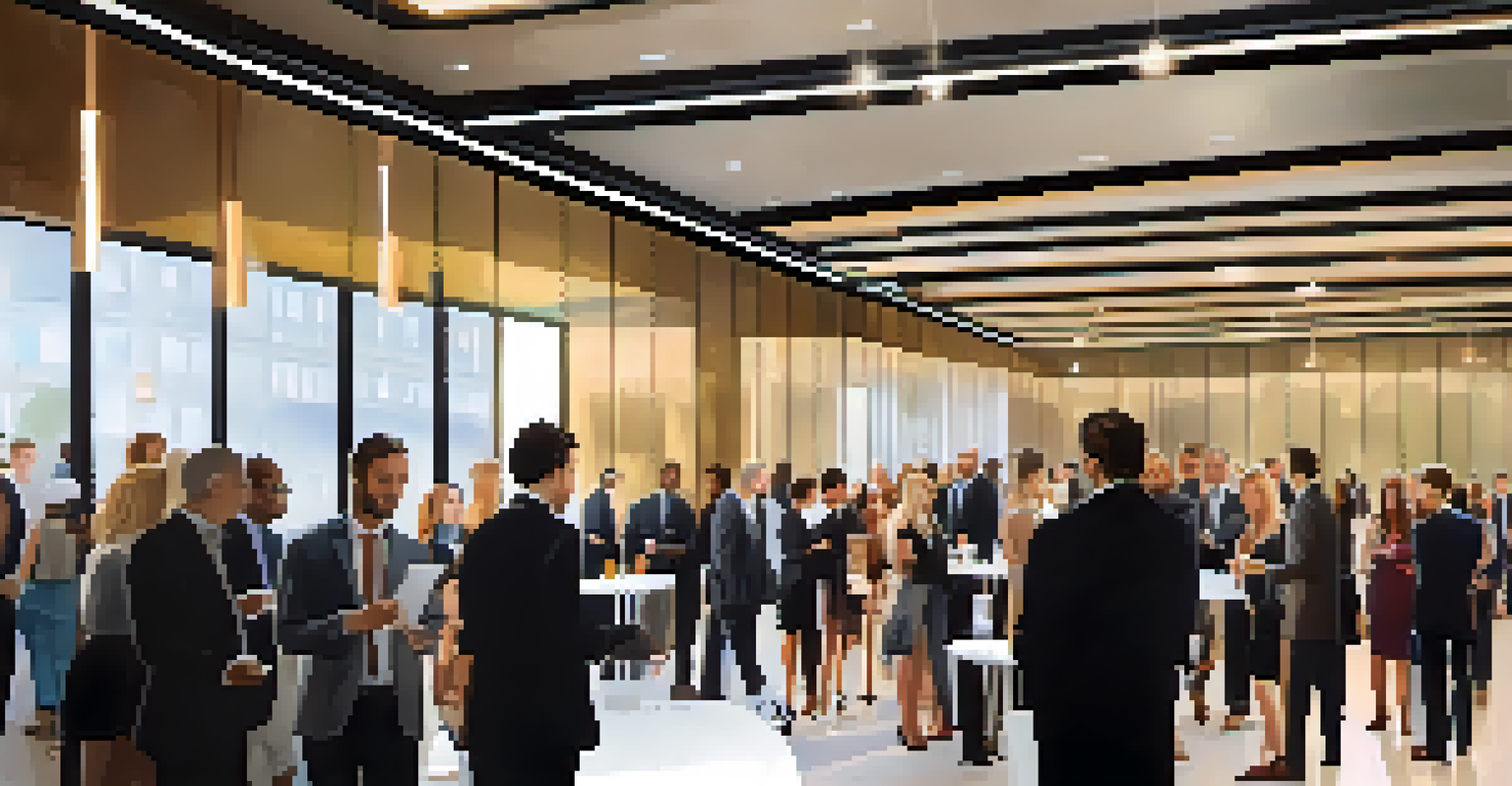 A lively networking event with attendees mingling and exchanging business cards in a modern venue.
