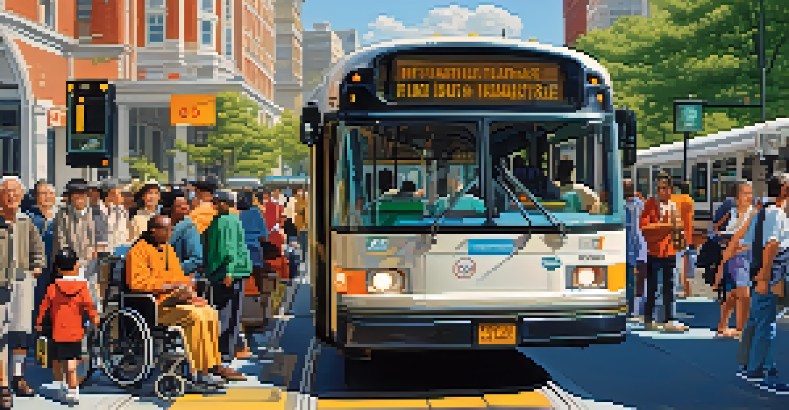 A city street with an accessible low-floor bus and diverse passengers, including a person in a wheelchair and families.