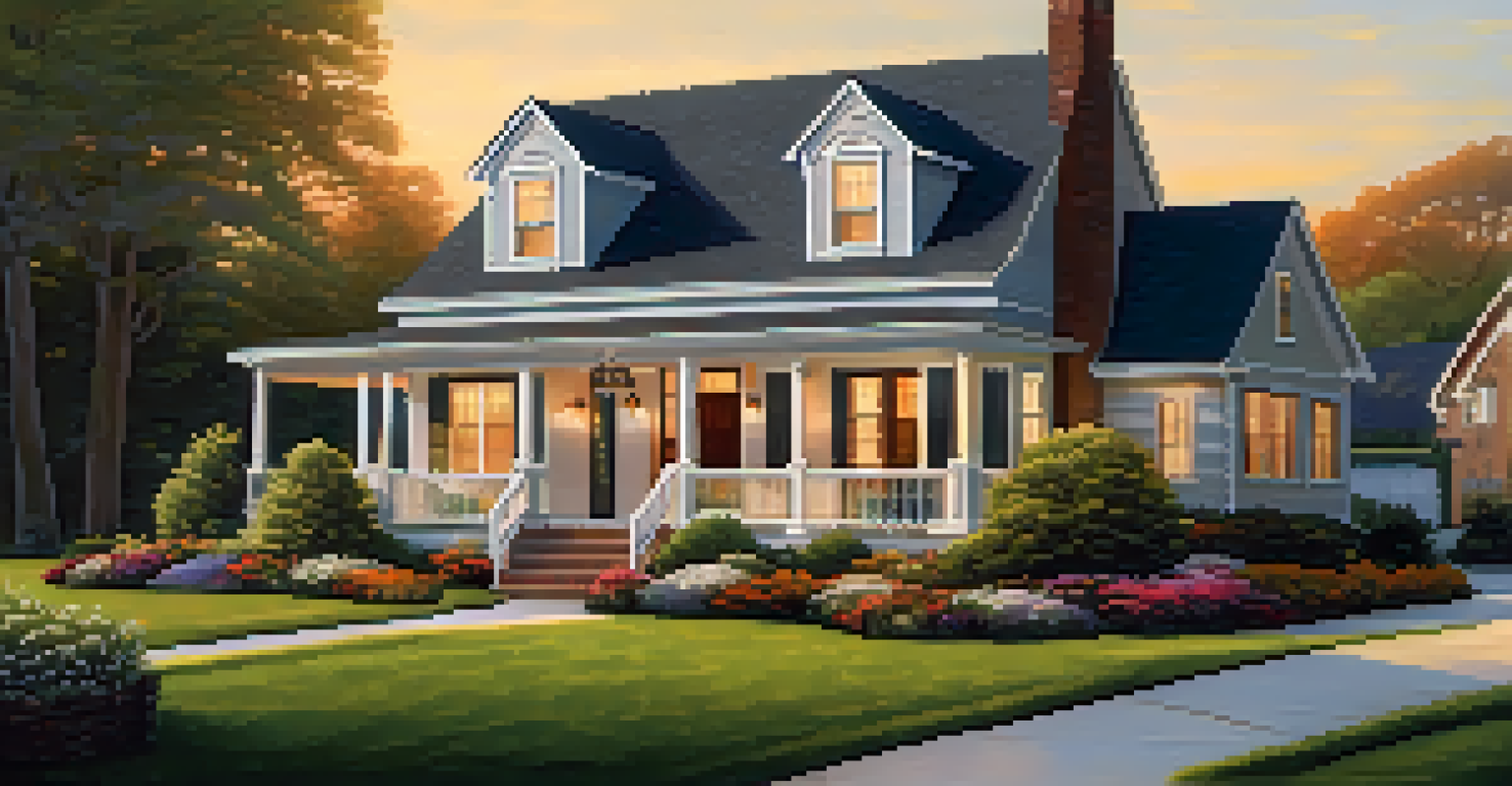 A charming suburban home with a well-kept lawn and colorful flowers at sunset.