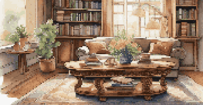 A handcrafted wooden coffee table with carvings, surrounded by books and a vase of flowers in a sunlit living room.