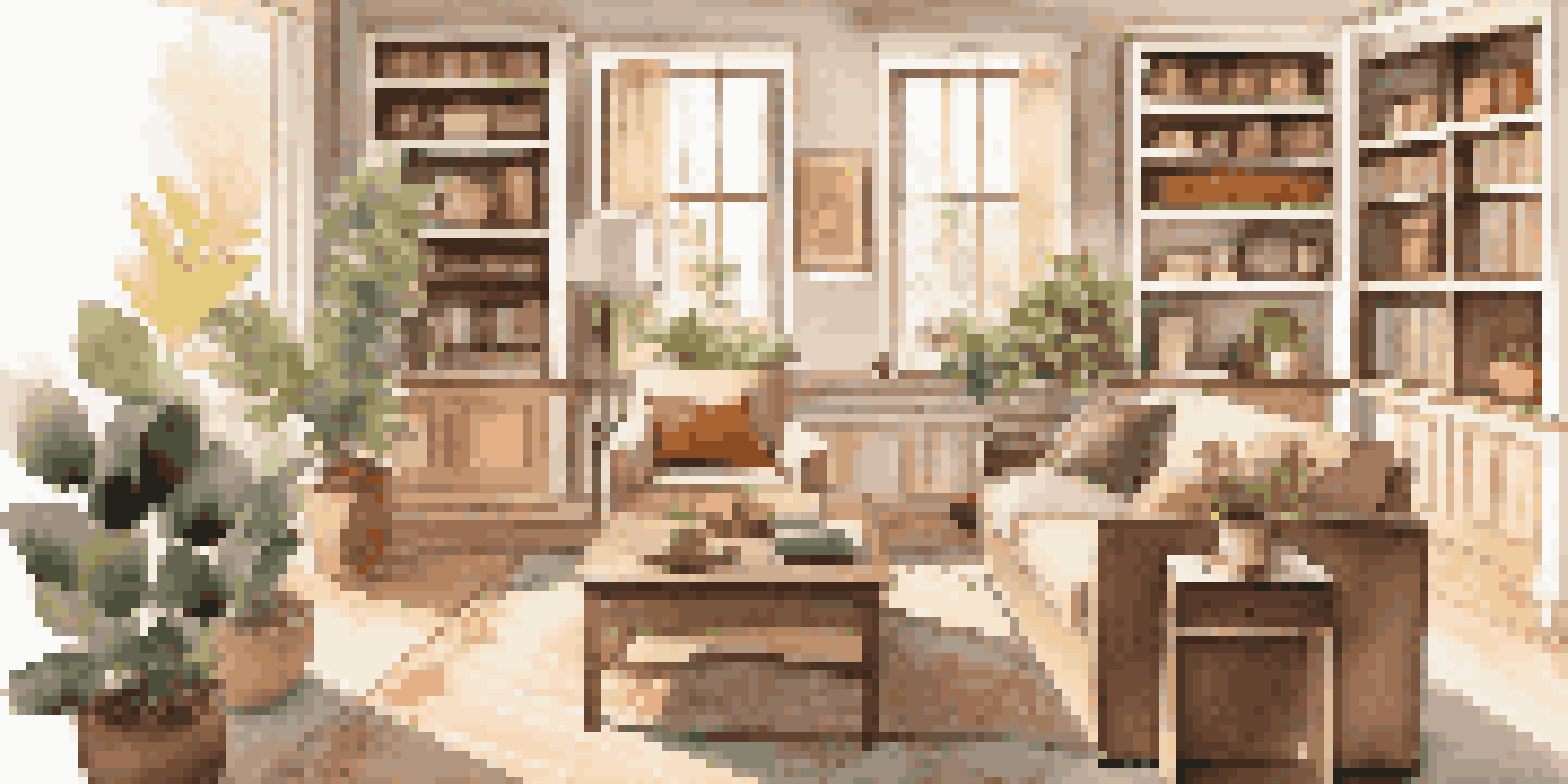 A well-organized living room with a storage ottoman, coffee table, and bookshelf in a bright, inviting atmosphere.