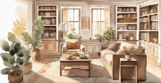 A well-organized living room with a storage ottoman, coffee table, and bookshelf in a bright, inviting atmosphere.