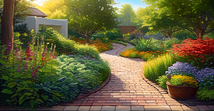 A tranquil eco-friendly landscape with a permeable paver pathway, lush native plants, and a rainwater harvesting barrel under soft golden sunlight.