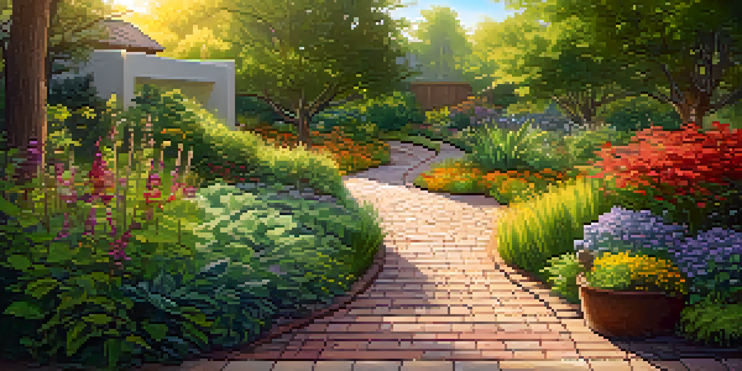 A tranquil eco-friendly landscape with a permeable paver pathway, lush native plants, and a rainwater harvesting barrel under soft golden sunlight.