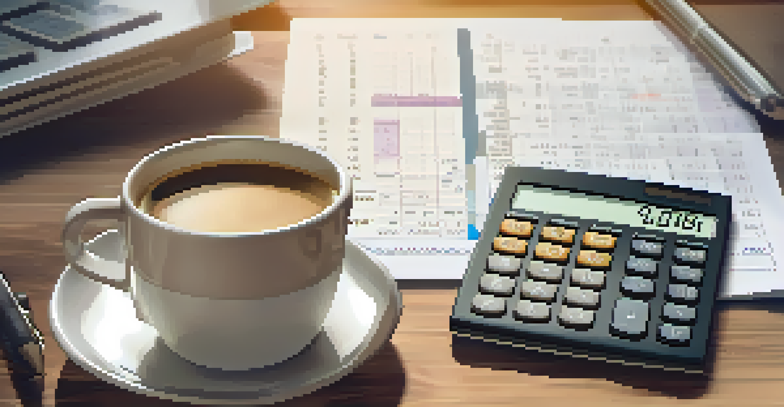 A close-up view of a calculator with rental income calculations, alongside a notebook and coffee cup, highlighting financial planning.