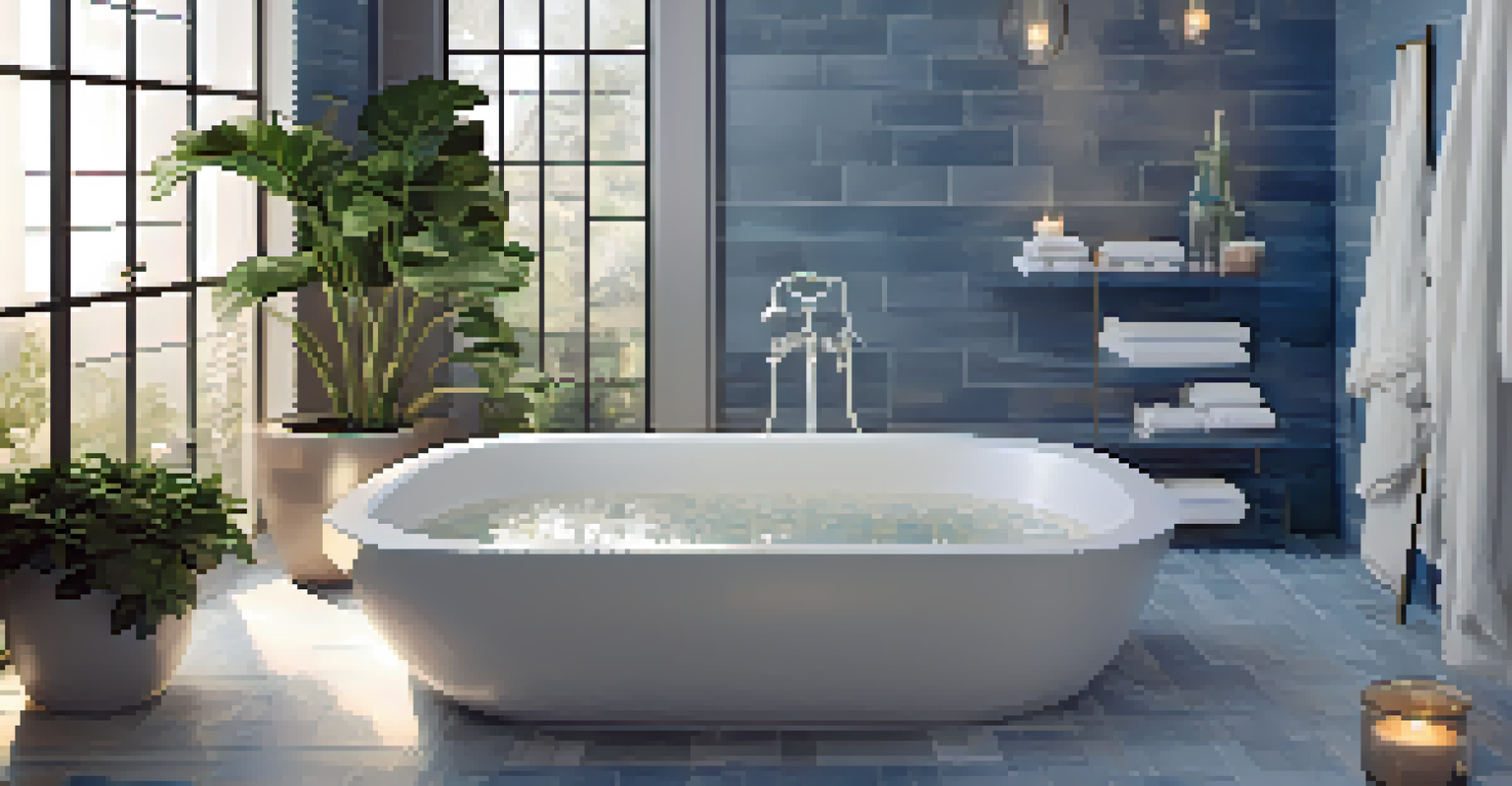 A tranquil bathroom with a freestanding tub, candles, and plants creating a calming spa-like atmosphere.