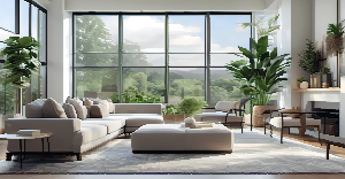 A bright and airy living room with large windows, modern furniture, and indoor plants, designed for a virtual tour experience.