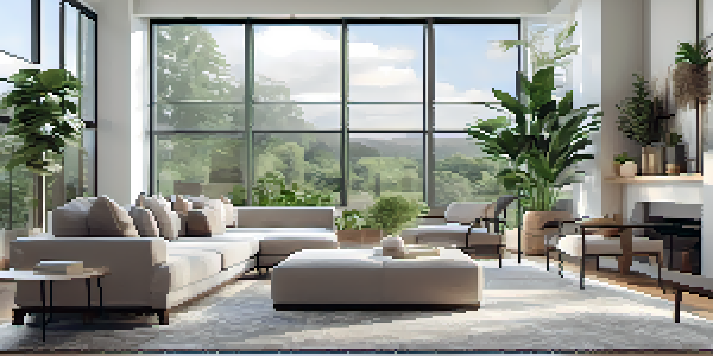 A bright and airy living room with large windows, modern furniture, and indoor plants, designed for a virtual tour experience.