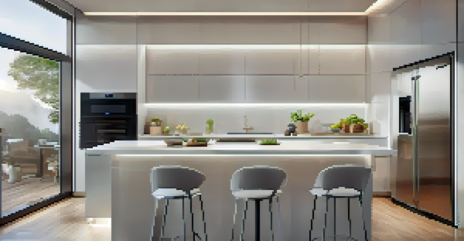 A futuristic kitchen filled with smart appliances like a touchscreen fridge and voice-controlled oven, with a user interacting with a voice assistant.