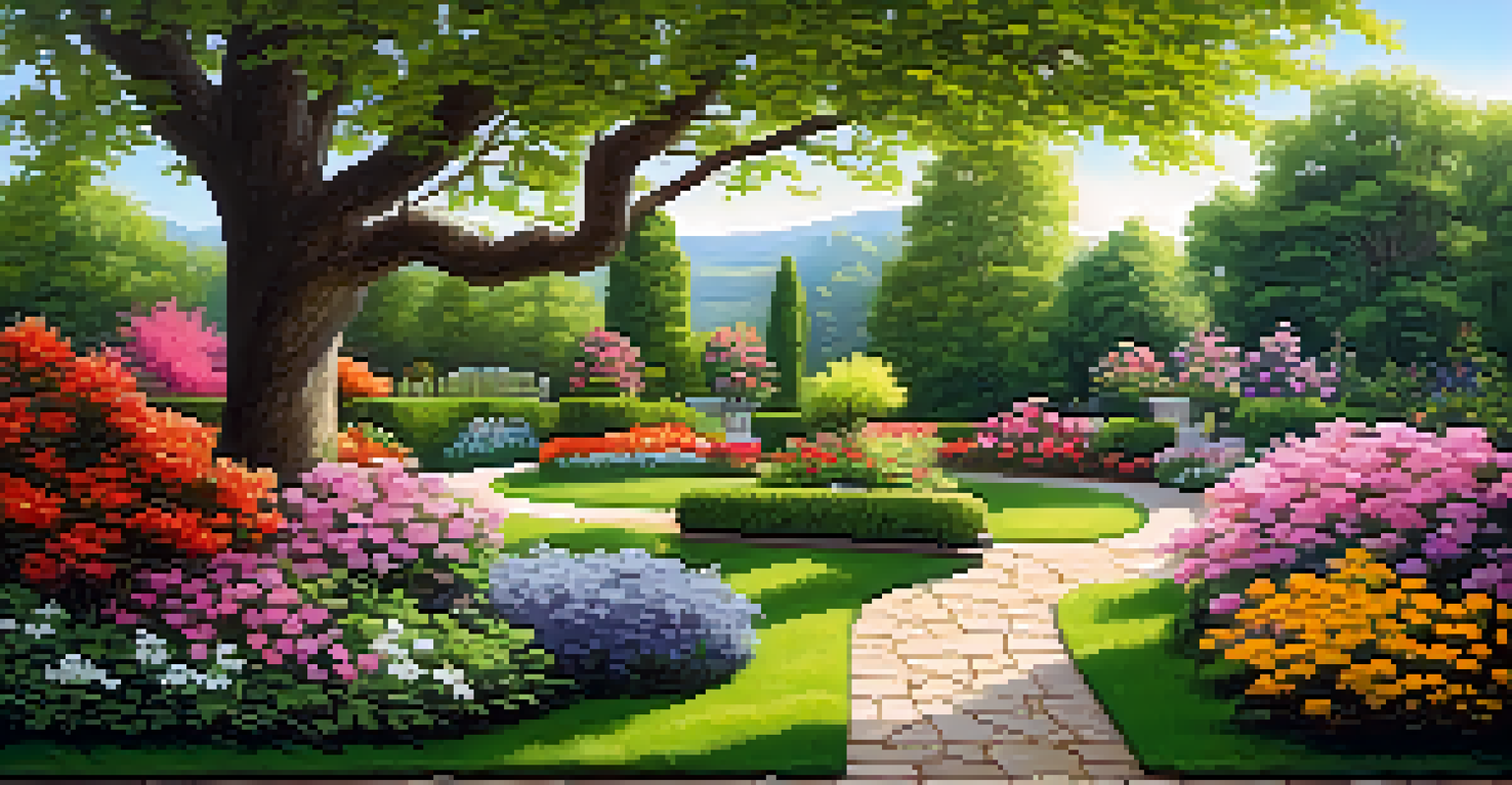 A colorful garden in spring with blooming flowers, a stone pathway, and a wooden bench under a tree.