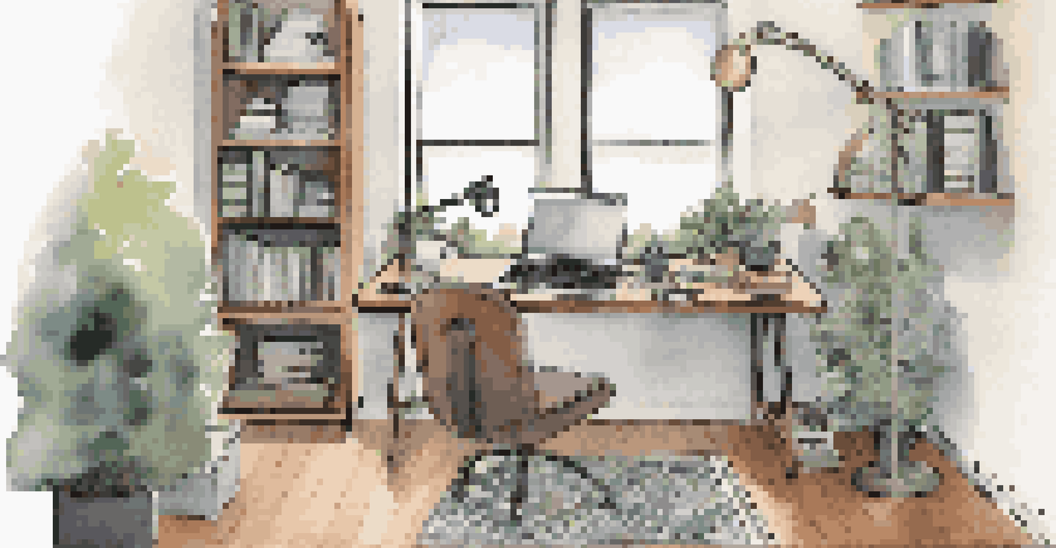 A temporary office space in a living room corner with a laptop and printer, separated by a bookshelf, featuring calming artwork.