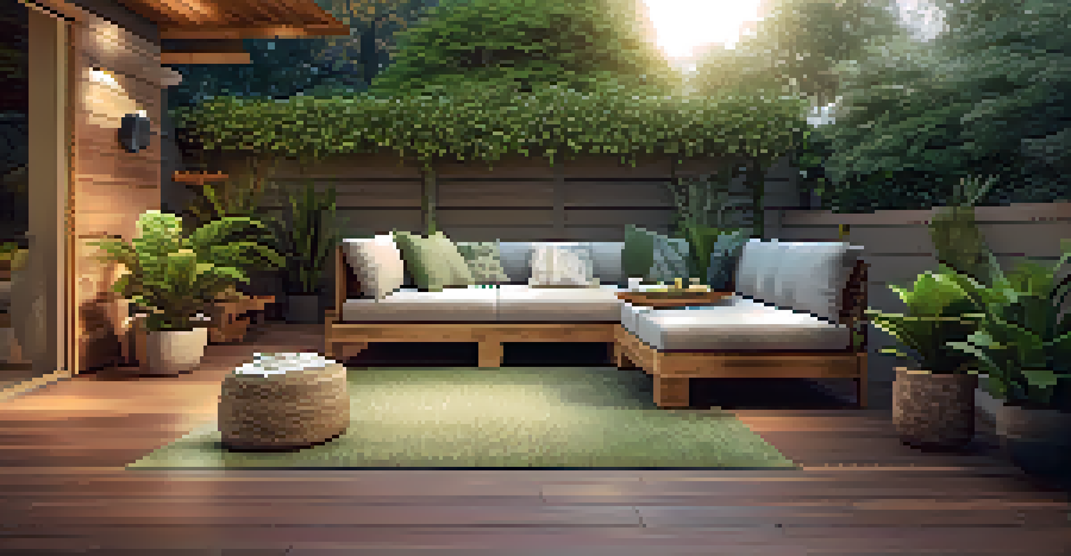 An outdoor space with a bamboo deck, eco-friendly furniture, and soft evening light creating a tranquil atmosphere.