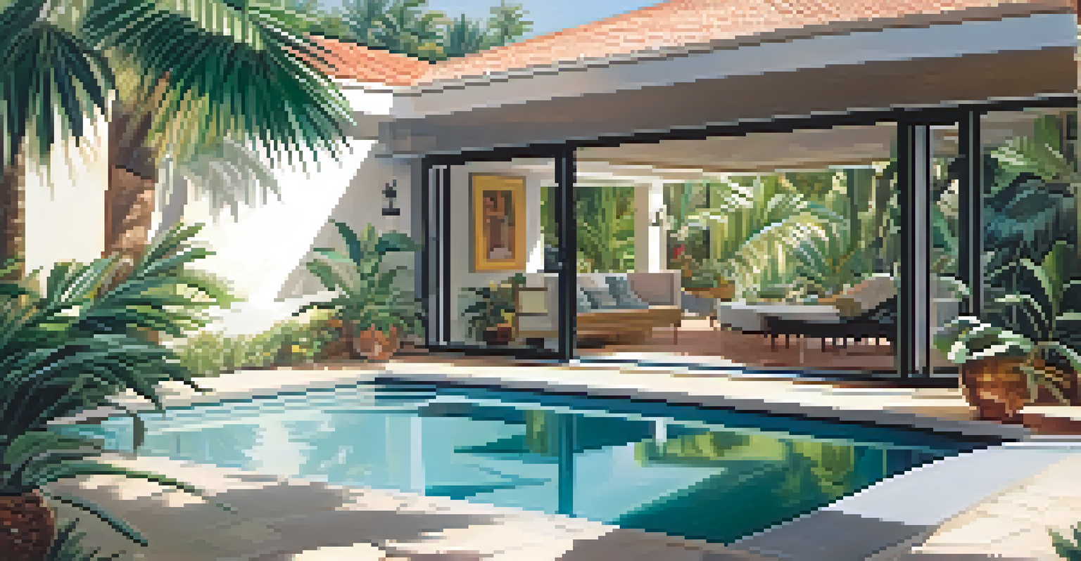 A stylish vacation home with a swimming pool, surrounded by tropical plants and sunlight filtering through palm trees.