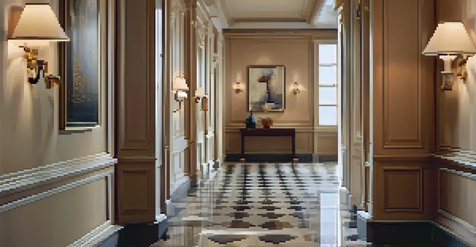 A hallway with vintage wall sconces illuminating artwork, creating a warm and inviting atmosphere.