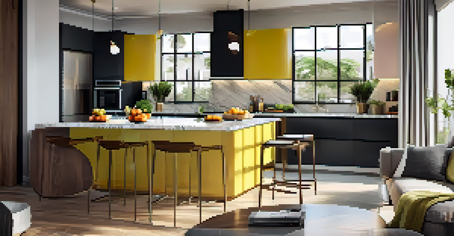 A modern kitchen in a furnished rental with marble countertops, sleek appliances, and a cozy dining area, illuminated by soft ambient lighting.